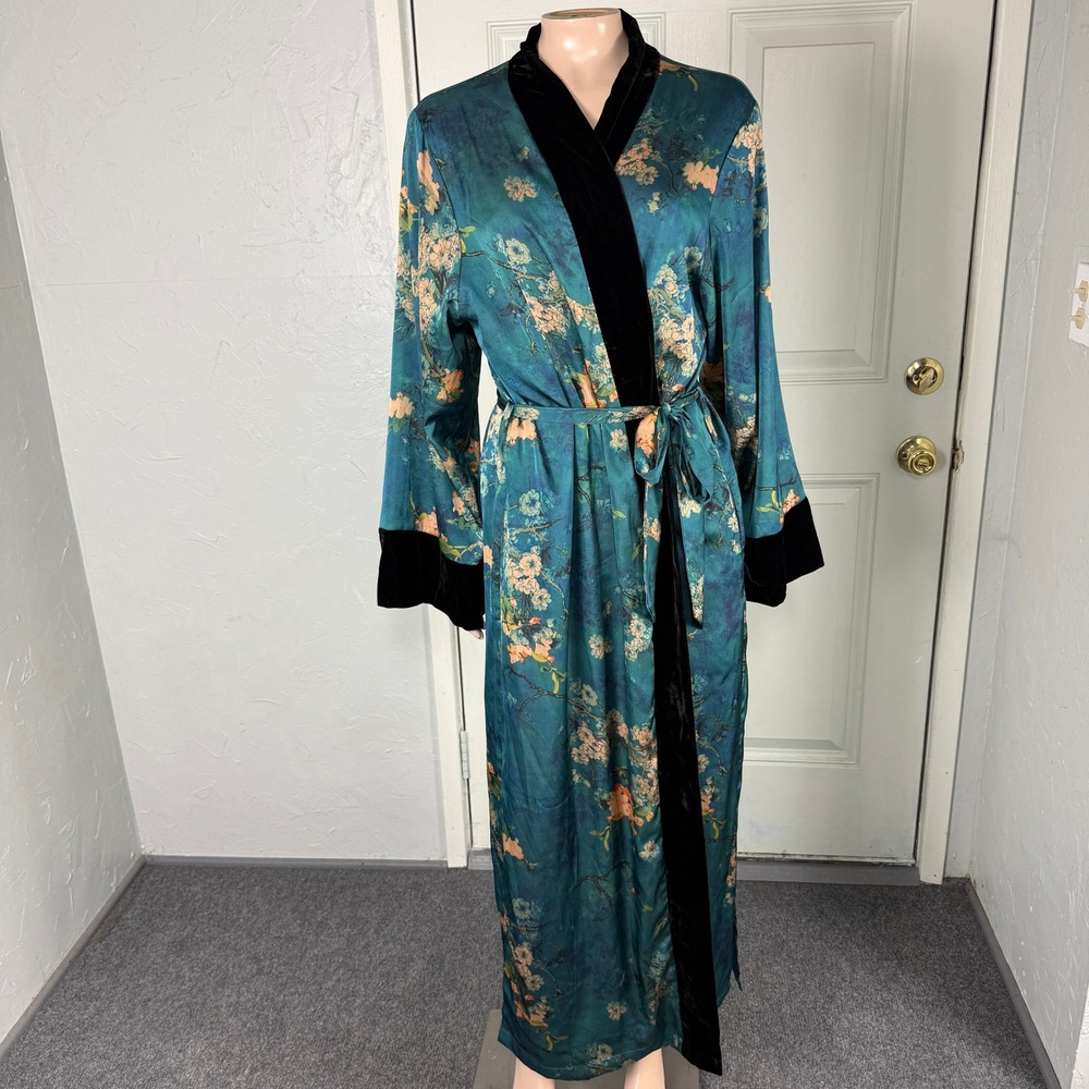 Kim & Ono Floral Satin Robe Velvet Kim And Ono Long Teal One Size B22